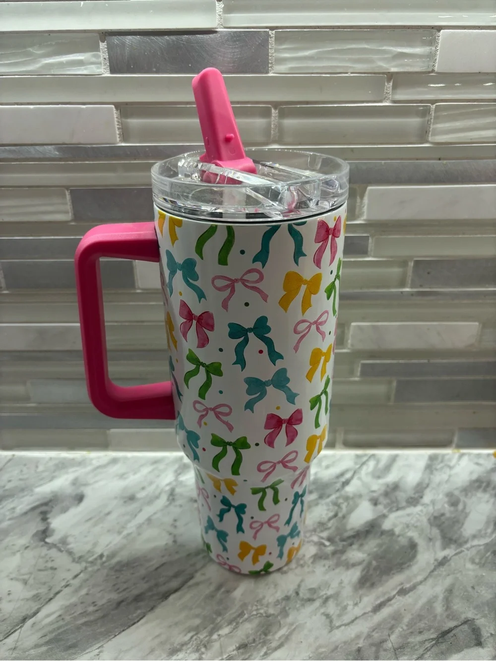 Hobby Lobby Bow Pattern Travel Tumbler with Pink Handle